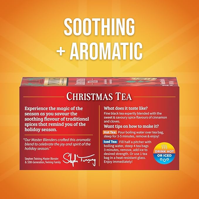 Twinings Christmas Black Tea Individually Wrapped Bags, 20 Count (Pack of 2), Aromatic Cinnamon & Clove, Caffeinated, Enjoy Hot or Iced, 20 Teabags