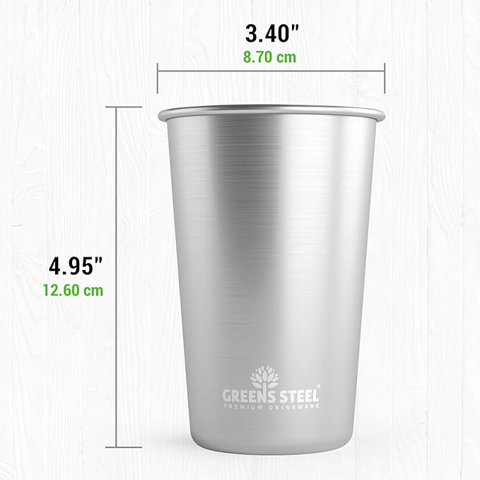 Greens Steel #1 Premium Stainless Steel Cup, 475 ml Pint Cups (4 Pack) Premium Metal Cups - Stackable Durable Cup