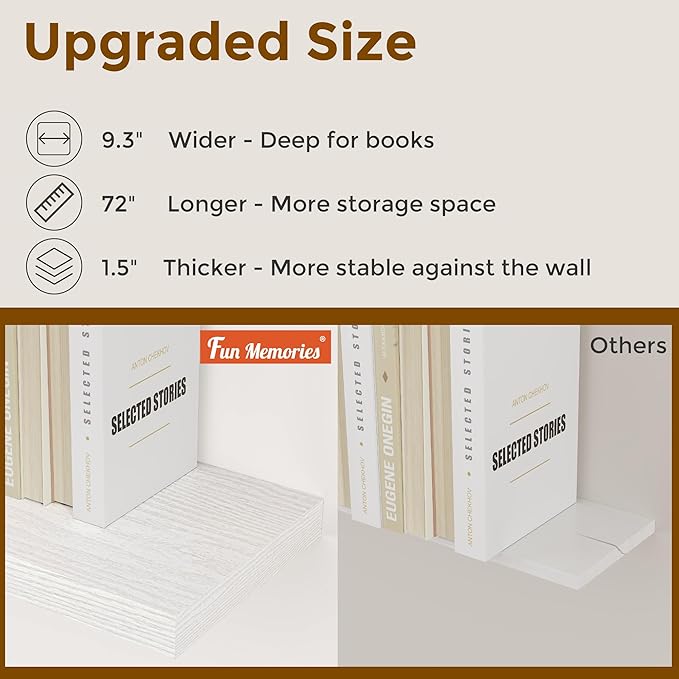 Fun Memories 72 Inch Floating Shelves for Wall, 72x9.3 Large Floating Shelf for Bedroom, Kitchen, Bathroom, Wall Mounted Rustic Wood Shelves with Invisible Bracket for Books, Decor, White