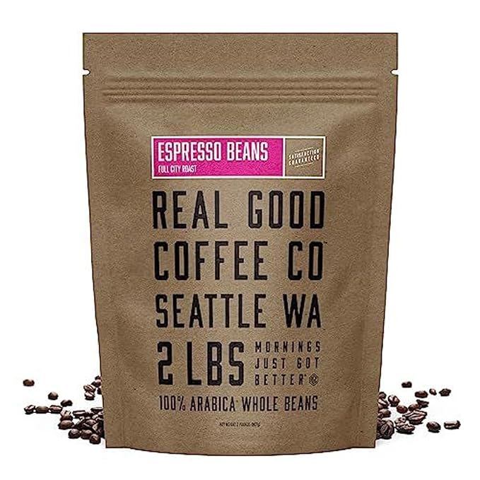Real Good Coffee Company - Whole Bean Coffee - Full City Roast Espresso Coffee Beans - 2 Pound Bag - 100% Whole Arabica Beans - Grind at Home, Brew How You Like
