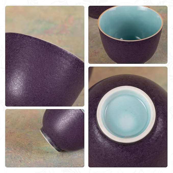 KAMMAK Tea Cup, 4.8oz Small Tea Cups Set of 2, Purple Porcelain Tea Cups Set for Home, Party, Office, Ceramic Teacups, Chinese Kungfu Tea Set for Hot/Cold Drink (Deep Purple)