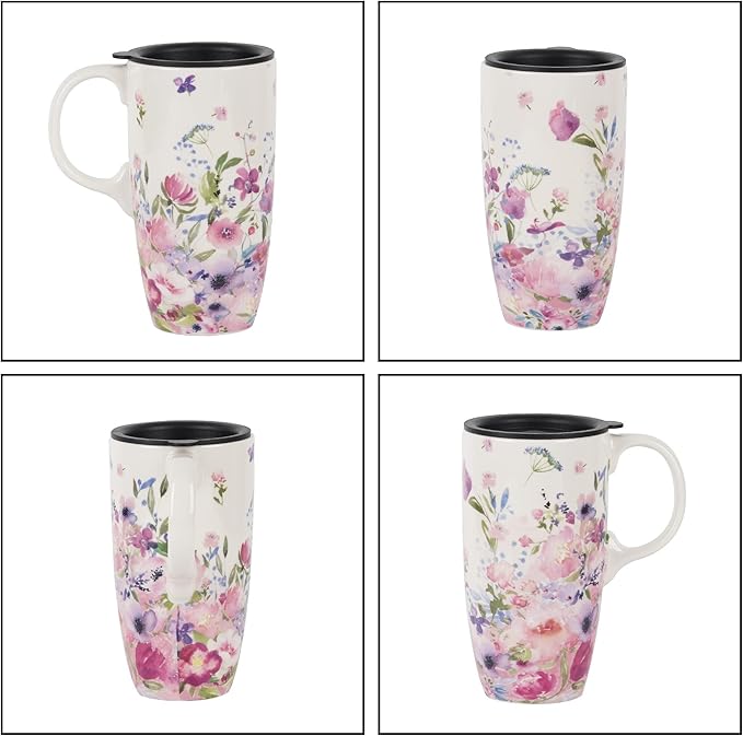 Topadorn Ceramic Coffee Mug for Home & Office, 17oz. Porcelain Latte Travel Cup with Lid and Color Box, Pink Flower Art Tea Mug with Handle, 6.5" H