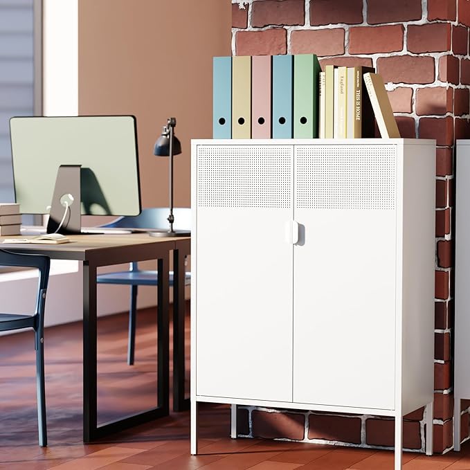 Metal Storage Cabinet,Kitchen Pantry Storage Cabinets with Doors,Buffet Cabinet with 2 Adjustable Shelves,White Pantry Cabinets,Steel Sideboard for Home,Shoes,Office,Dining Room