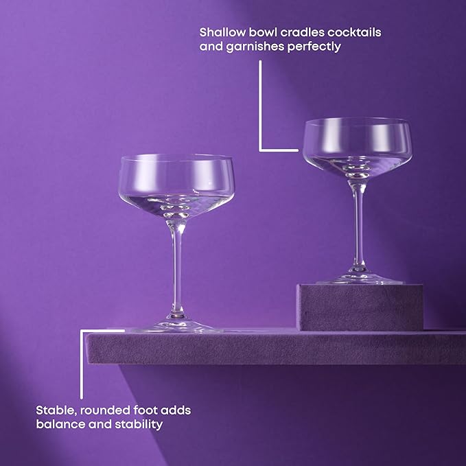 JoyJolt Sidney Cocktail Coupe Glasses Set of 4 | 8 oz Martini Glasses for Espresso Martini, Margarita, Champagne | Stemmed Bar Glass Set | Premium Crystal Made in Europe