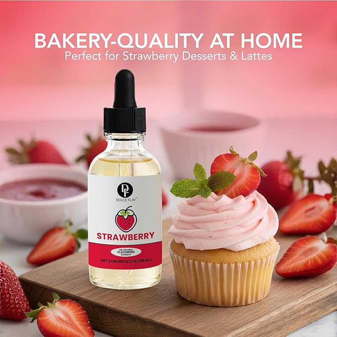 Dolce Flav Strawberry Extract – 2 Ounce Oil-Soluble Kosher, Sugar-Free, Concentrated Berry Flavor for Candy, Chocolates & Desserts, Includes Measured Dropper