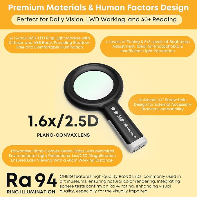 HWATANG OHBIG x MADWORKS 1.6X/2.5D/100mm Dimming Toning LED Magnifying Glass - Green Glass Lens, Daily Vision, Insect Observation, Soldering, Ra 94 Ring Light, 40+ Reading Magnifier (Handheld)