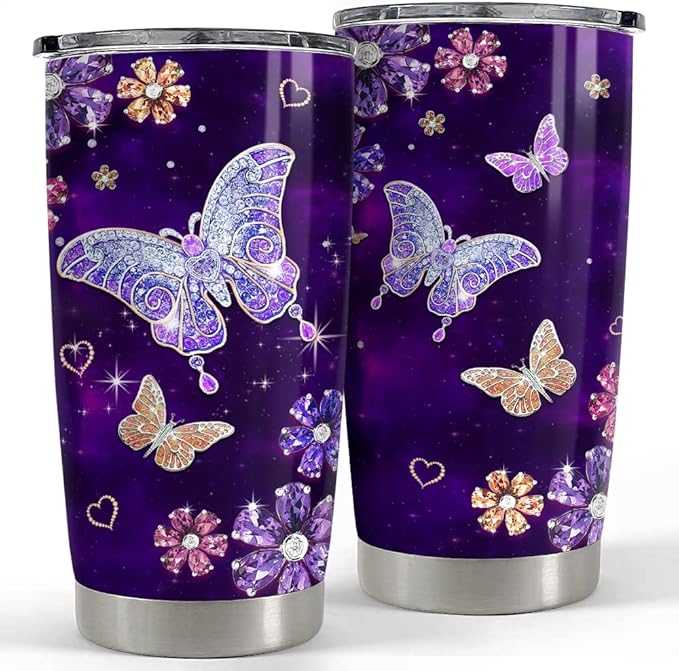 SANDJEST Purple Butterfly Tumbler Jewelry Style Butterfly Lover 20oz Tumblers with Lid Gift for Women Girl Daughter Sister Mom Christmas Birthday Present