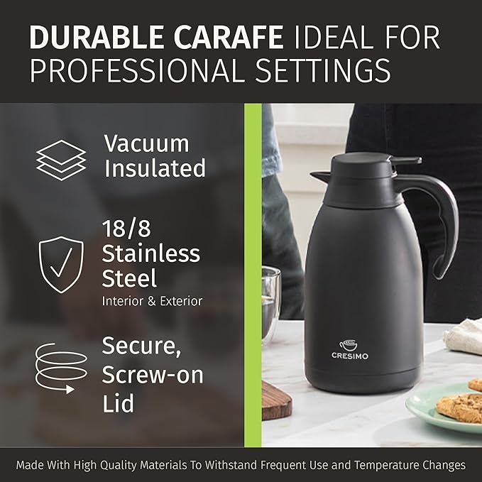 Thermal Coffee Carafe 68 oz by Cresimo – Updated 2025 Model – Insulated Black Stainless Steel Coffee Urn & Drink Dispenser, Keeps Drinks Hot 12h / Cold 36h – Durable & Easy to Pour