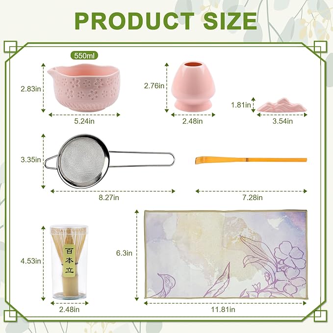 Matcha Whisk Set––7pcs Japanese Matcha Set Kit with Matcha Bowl, Bamboo Whisk, Whisk Holder, Scoop, Towel&Sifter–Perfect for Matcha Lovers&Tea Ceremonies-Cherry Blossom Pink