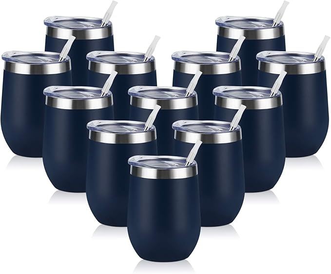 12 Pack Stainless Steel Wine Tumblers, 12Oz Double Wall Vacuum Insulated Wine Tumblers with Lids and Straws, Stainless Steel Stemless Wine Glasses for Coffee, Wine, Cocktails, Champaign, Navy Blue…