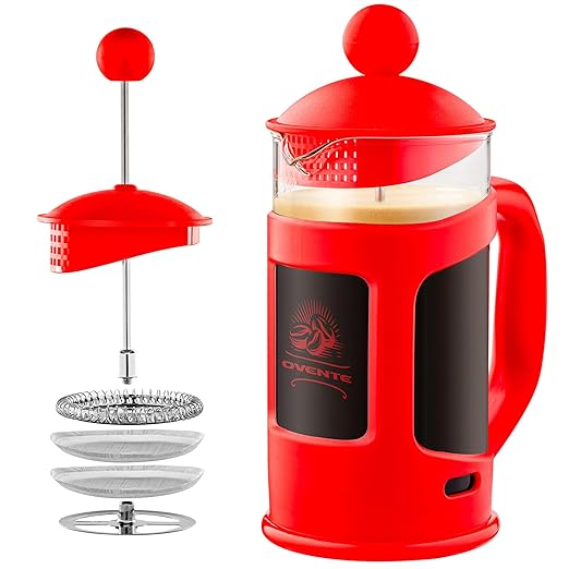 OVENTE French Press Coffee Maker 34 Ounce with Heat Resistant Borosilicate Glass & Stainless Steel 4-Level Filtration System, Portable Cold Brew Coffee Maker for Travel, Camping or Gift, Red FPT34R
