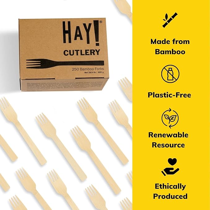 HAY! Bamboo Forks | 250 ct Unwrapped Forks | Biodegradable Utensils | Compostable & Plastic-Free | Heavy-duty Fork | For To-Go Meals or Events | Wooden Fork