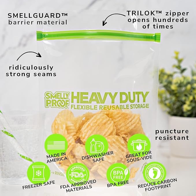 BULK VALUE, Smelly Proof 50-Pack HEAVY DUTY 5-mil Reusable Bags, Stand-Up, Expandable, Dishwasher-Safe, Odor-Proof, Durable Poly Nylon (Non-Silicone) US-Made 8.5" x 10" Quart 50pk