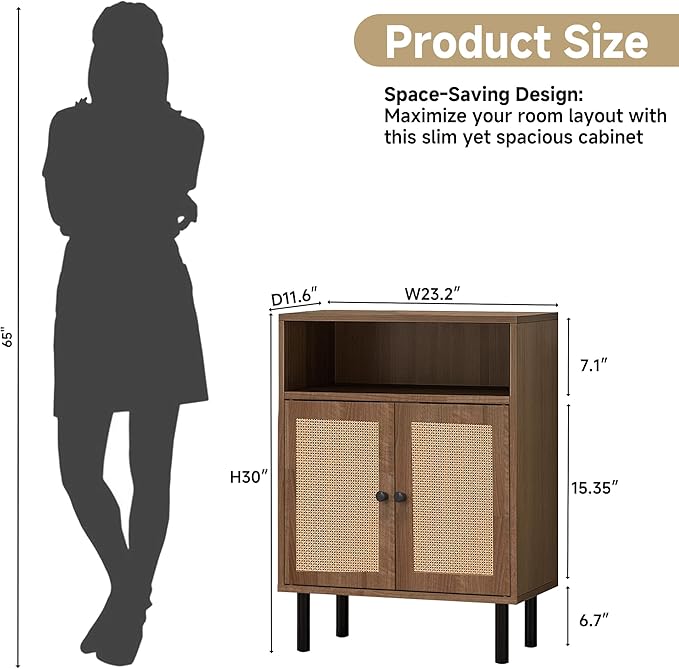 Rattan Storage Cabinet, Boho Accent Cabinet with Double Doors, Small Freestanding Sideboard for Hallway, Laundry Room,Kitchen, Dining Room, Entryway(Walnut)