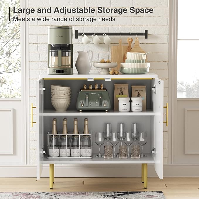 Vabches Fluted White Storage Cabinet, 2 Doors Modern Sideboard Buffet Cabinet with Adjustable Shelves and Metal Leg, Accent Cabinet for Living Room, Dining Room, Entryway (White & Gold)