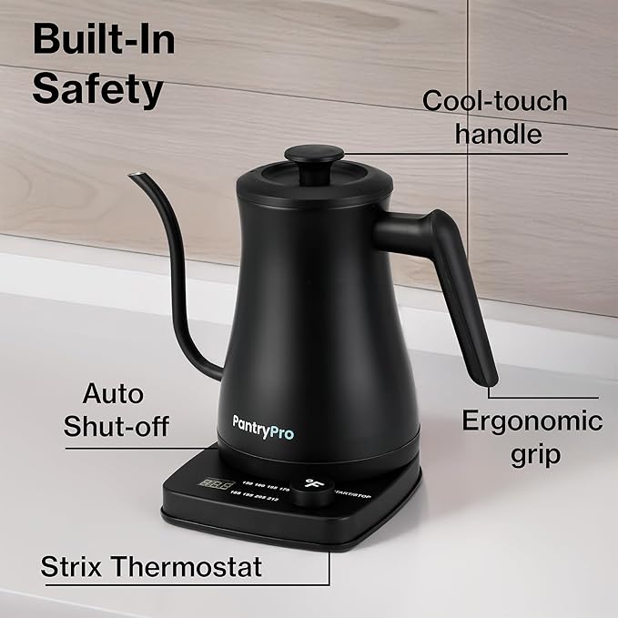 1.0L 1500W Gooseneck Electric Kettle - Stainless Steel Interior - Rapid-Boil - Auto Shut-Off, Boil-Dry Protection, Temperature Control, LED Indicator - Black by The Display Guys