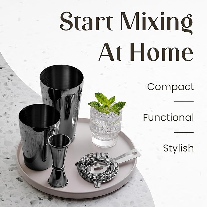 Mixology Cocktail Shaker Boston Shaker Set Professional Weighted Martini Shakers, Strainer and Japanese Jigger, Portable Bar Set for Drink Mixer Bartending, Exclusive Recipes Cards (Gun-Metal Black)