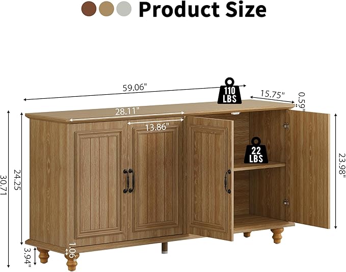 59" Sideboard Buffet Cabinet with Storage, Large Retro Credenza with 4 Doors & Adjustable Shelves Wood Rectangular Coffee Bar Table Console for Kitchen, Living Room, Hallway, Entry (Natural)