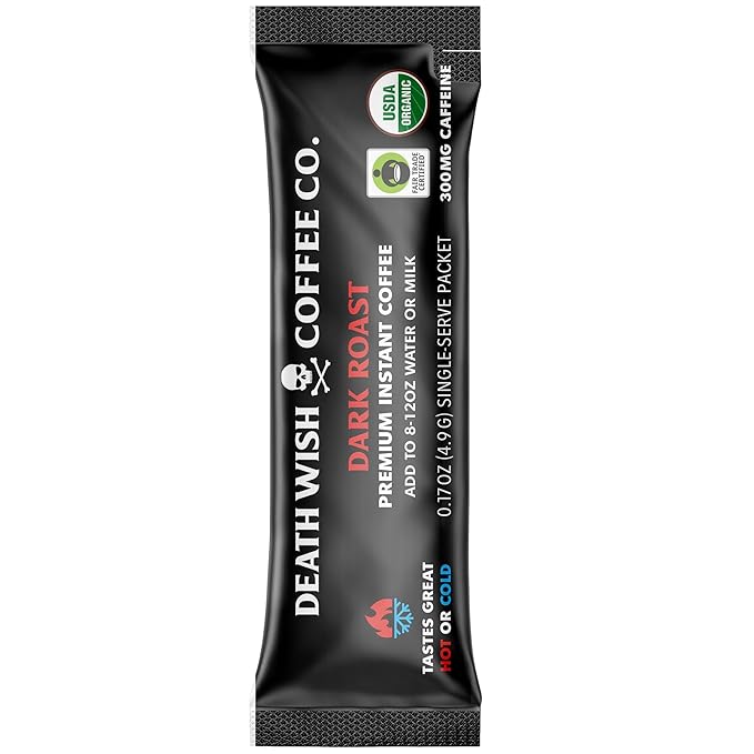 Death Wish Coffee Instant Dark Roast Coffee Packets, Bold & Intense Blend of Arabica & Robusta Beans, USDA Organic, 64 Count