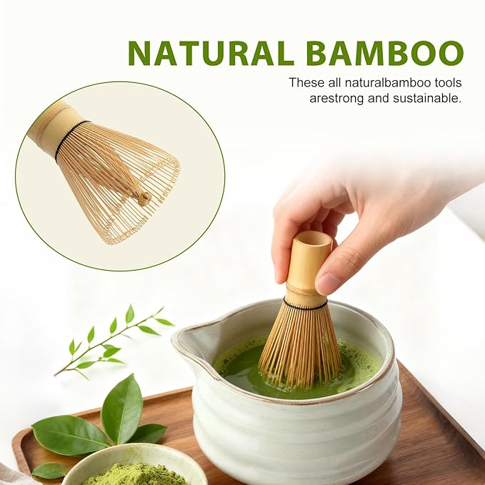 Soeos Premium Matcha Traditional Starter Set, 7-Piece Matcha Kit with Bamboo Whisk (Chasen), Scoop (Chashaku), Stainless Steel Sifter, Whisk Stand, Matcha Bowl, Scoop Rest, and Tea Towel