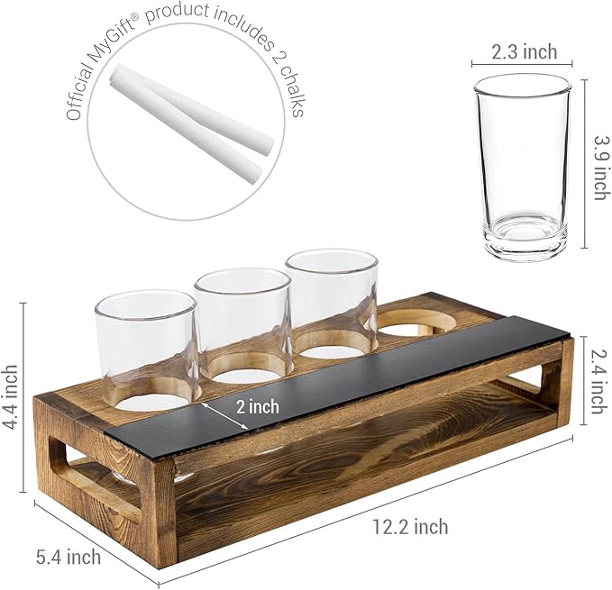 MyGift Rustic Dark Brown Burnt Solid Wood Sampler Tray Beer Flight Holder Serving Set with 4 Glasses and Erasable Chalkboard Label, Set of 2
