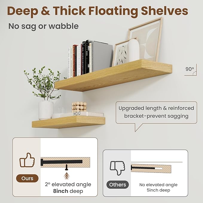 30 Inch Floating Shelves for Wall, 8 Inch Deep Floating Shelf for Storage & Display, Rustic Wall Mounted Shelf with Invisible Brackets for Living Room, Kitchen, Bathroom, Home Decor, Set of 2, Oak