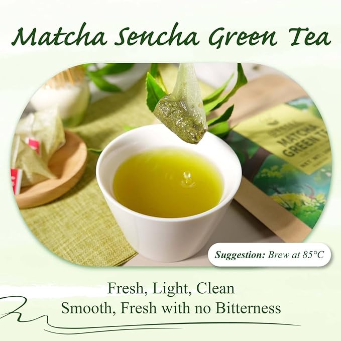 WT WEETEE Matcha Green Tea Bags, 100 Count Corn-fiber Pyramid, Antioxidant-Rich | Natural Energy, Easy & Quick to Brew for Cold or Hot, Matcha + Sencha Green Tea