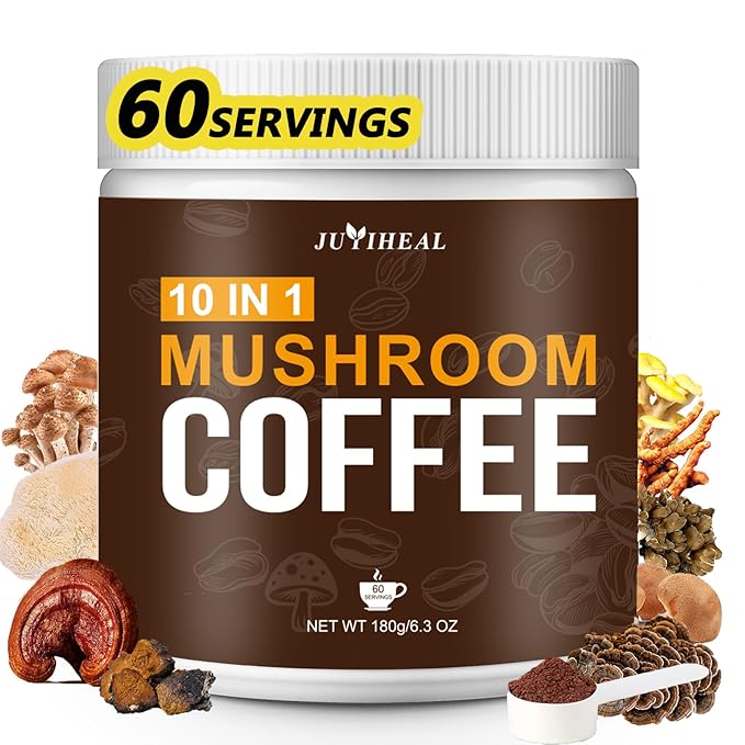 JUYIHEAL Mushroom Coffee, 10 in1 Mushroom Powder Coffee with Lions Mane, Chaga, Reishi, Cordyceps, Maitake, Shiitake, and Turkey Tail for Energy, Focus, Immune Support, 180g