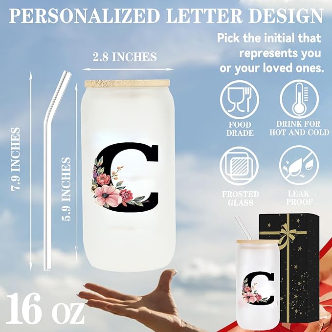 Monogrammed Glass Drinking Cup With Lid Straw Personalized Customized Post Cards Women Gift Flight Attendant Pet Sitter Secretary Hairdress Caregiver Musicians Cheerleaders Hairstylist Nanny,F