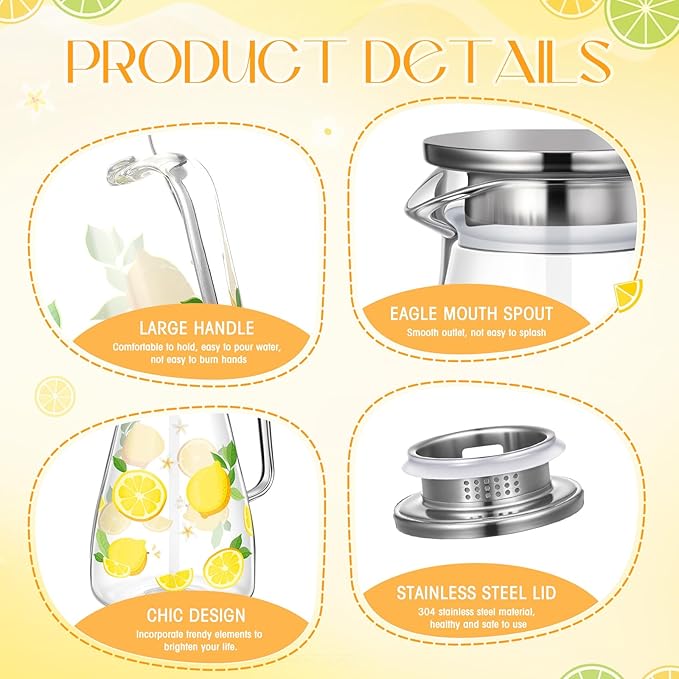 Domensi 74 oz / 2200 ml Glass Pitcher with Lid Water Pitcher with Handles Beverage Water Jar Glass Jug Hot and Cold Resistant Carafe for Tea Juice Milk Coffee Iced Beverage(Lemon)