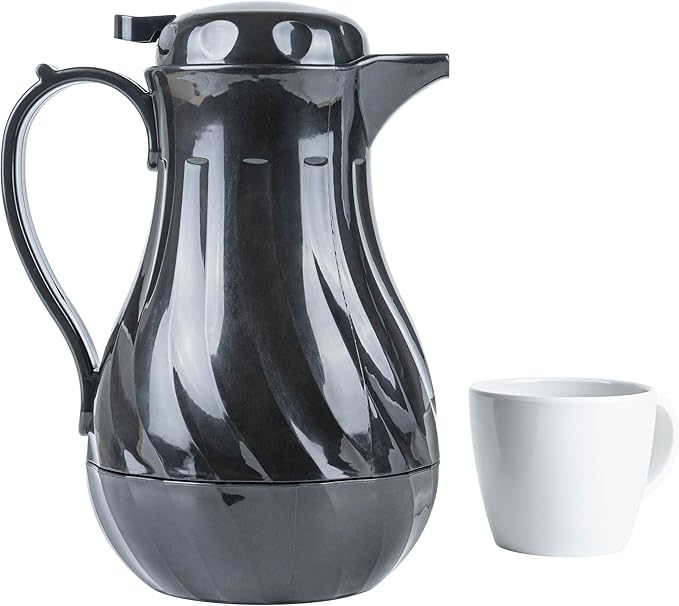 Restaurantware-Restpresso 42 Ounce Coffee Carafe, 1 Insulated Coffee Server - Push-Button Top, Swirl Design, Black Plastic Pitcher, Built-In Handle, With Identification Tags