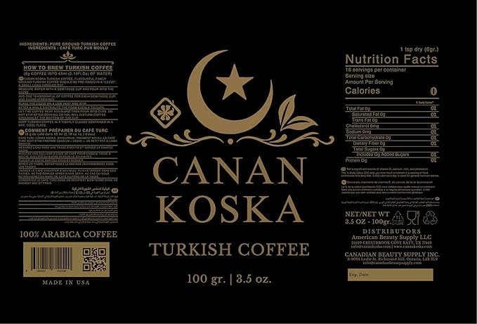 Canan Koska Turkish Coffee Medium Roast Ground Coffee 100% Arabica, Finely Ground for Rich Flavor and Smooth Texture, Ideal for Traditional Brewing in a Cezve - 3.5 Ounce (100g) - Pack Of 6