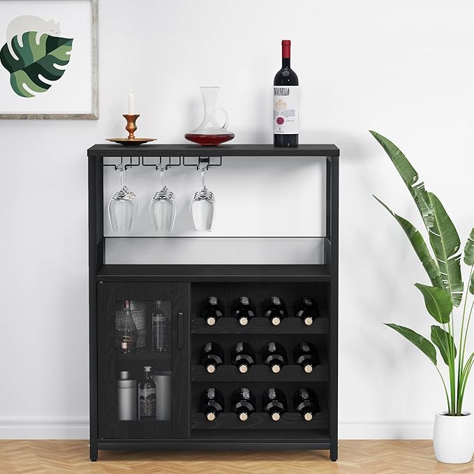 GarveeHome 3-Tier Wine Bar Cabinet with Detachable Wine Rack, Liquor Cabinet with Storage, Coffee Bar Cabinet with Glass Holder & Mesh Door, Sideboard Buffet Bar for Living Room, Dining Room, Black