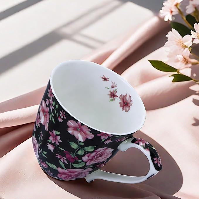14oz Bone China Coffee Mugs for Women Floral Coffee Mug Tea Cups Novetly Coffee Cups Gift for Women Mom Friends