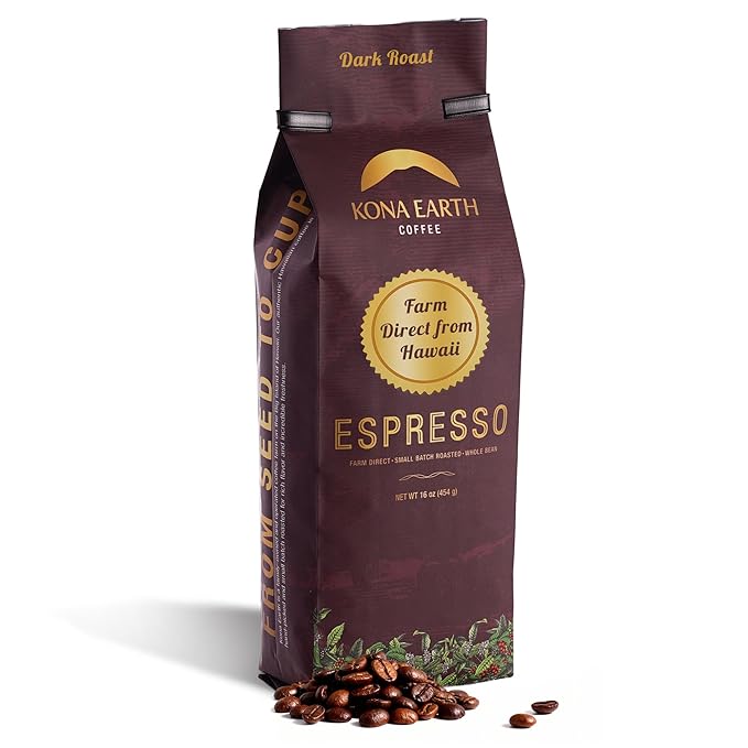 Kona Earth - Dark Roast Hawaiian Espresso, Whole Bean, 1lb (16 oz) Farm-Direct coffee beans from Hawaii’s Big Island, Micro-Batch-Roasted
