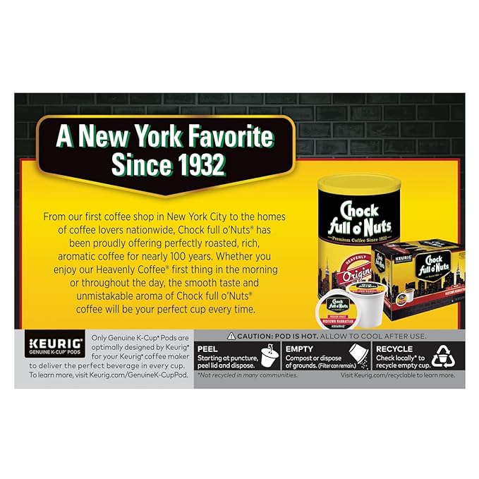 Chock Full o'Nuts Heavenly Hazelnut Coffee, Compatible with K-Cup Pods, 12 CT (Pack of 4)