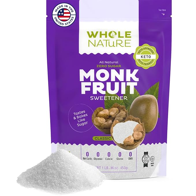 Whole Nature Monk Fruit Sweetener 1:1 Baking Sugar Substitute Made in the USA – Granulated Blend With Erythritol – Zero Calorie – Keto – Paleo – Non-GMO – Kosher - Natural Alternative – 1lb Pouch