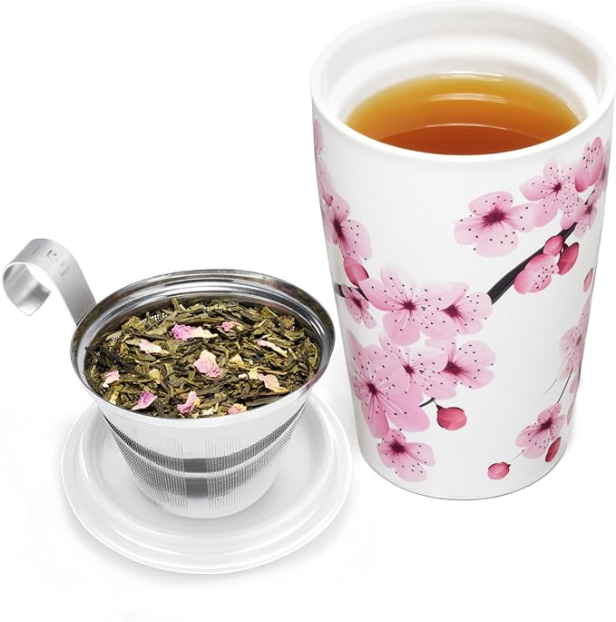 Tea Forte Double-Walled Ceramic Kati Cup, Removable Stainless Steel Infuser Basket and Lid, Steeps 12 oz Loose Leaf Tea, Dishwasher & Microwave Safe, Hanami