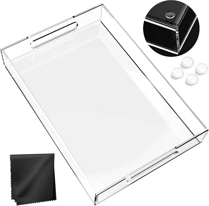Acrylic Tray 15x10 with Cut Handles - Spill Proof Decorative Tray is an Ideal Countertop Organizer for Living Rooms, Ottoman Coffee Tables, Offices, Kitchens & Serving Guests