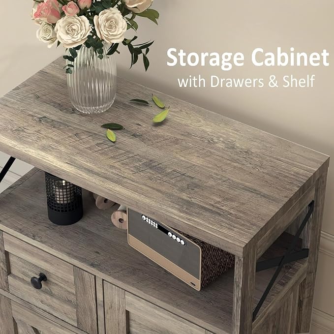 Farmhouse Storage Cabinet with Barn Doors and Open Shelf, Kitchen Pantry with Storage, Coffee Bar Station, Freestanding Cupboard Hutch Cabinet for Kitchen, Dinning Room, Livingroom, Grey