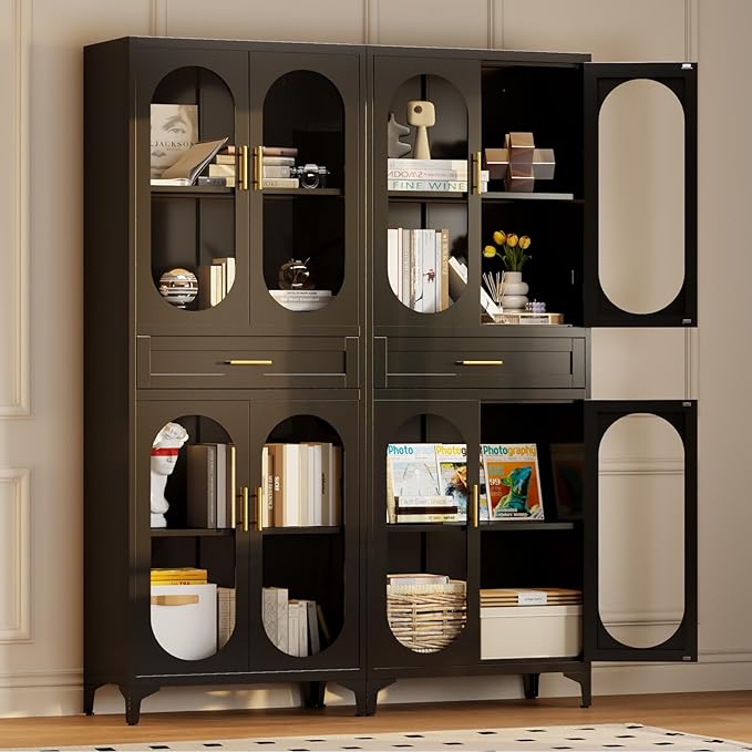 75" Tall Kitchen Pantry Cabinet,Metal Storage Cabinets with 4 Glass Doors and 1 Drawer,Freestanding Display Cupboard for Dining Room,Hallway,Black