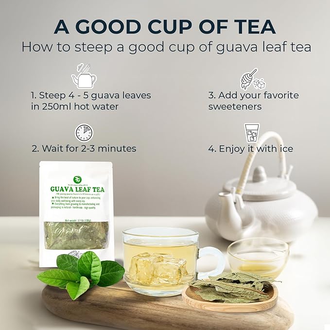 Young Guava Leaf Tea - 100+ Dried Whole Leaves (+up to 20 Leaves), 3.39 oz, Hojas de Guayaba, Caffeine Free, No Sugar Added, Vacuum Sealed, Pure & Handpicked, Herbal Tea for Relaxing, Makes 30+ Cups