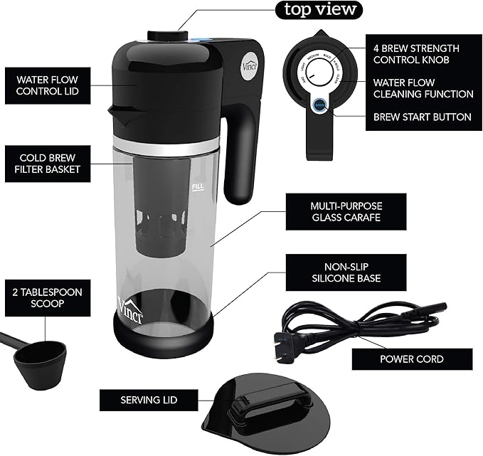 VINCI Express Cold Brew, Electric Cold Brew Coffee Maker in 5 minutes, Glass Carafe, 4 Brew Strength Settings & Cleaning Cycle, Easy to Use & Clean, Cold Brewer for Iced Coffee, 1.4 L Dial Control