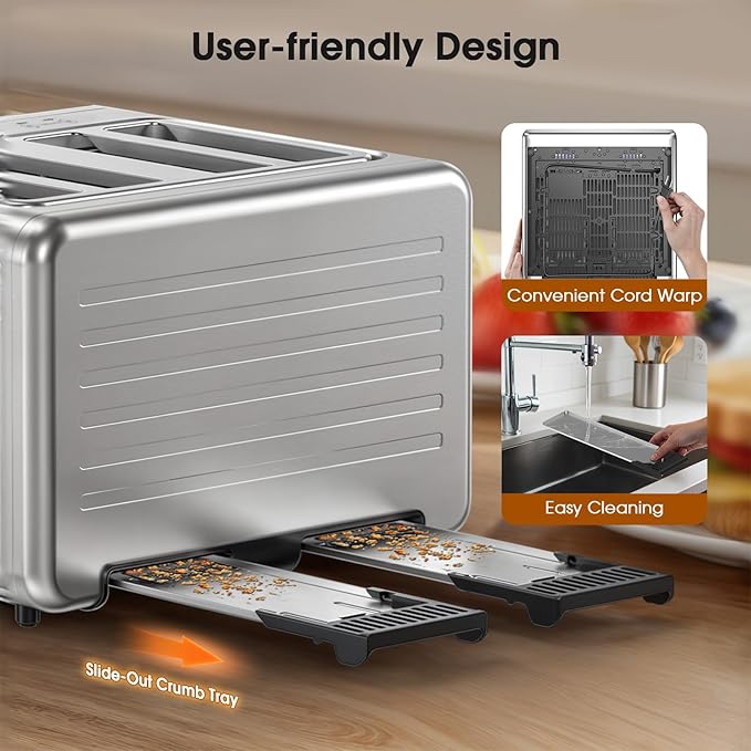 Touch Screen Toaster 4 Slice, Digital Smart Dual Control Touchscreen, Stainless Steel, 6 Toast Types & Levels include Bread, Bagel, with Defrost/Reheat/Single Slot Toasting Function