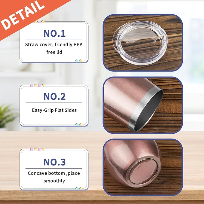 StarSpeed 12oz/6 Pack Wine Tumbler with lid, Stainless Steel Travel Mugs Stemless Double Wall Insulated Coffee Cup, Insulated Wine Glasses Travel Tumbler for Cold & Hot Drinks(Rose Gold, 6)