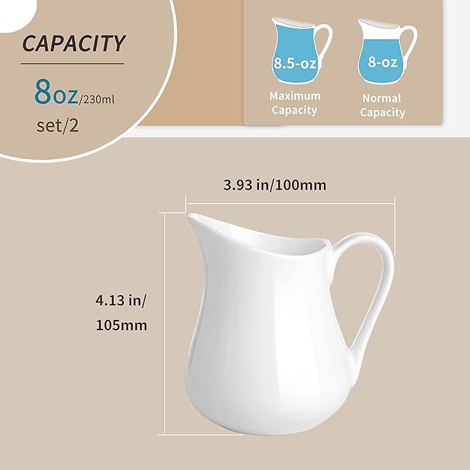 Gurygo 2 Pack 8 oz Ceramic Creamer Pitcher Set with Handle, Small Classic White Milk Container, Fine Porcelain Creamer Pitcher for Coffee Milk Sauces Salad, Microwave & Freezer Safe