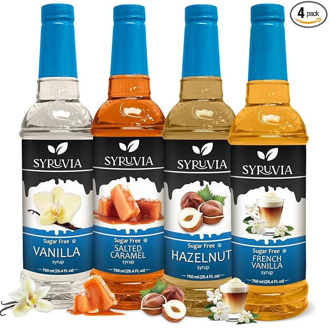 Syruvia Sugar Free Coffee Syrup Variety Pack: French Vanilla, Salted Caramel, Hazelnut, and Vanilla - Gluten-Free, Kosher, 25.4 fl oz Bottles - Enhance Your Coffee Experience,