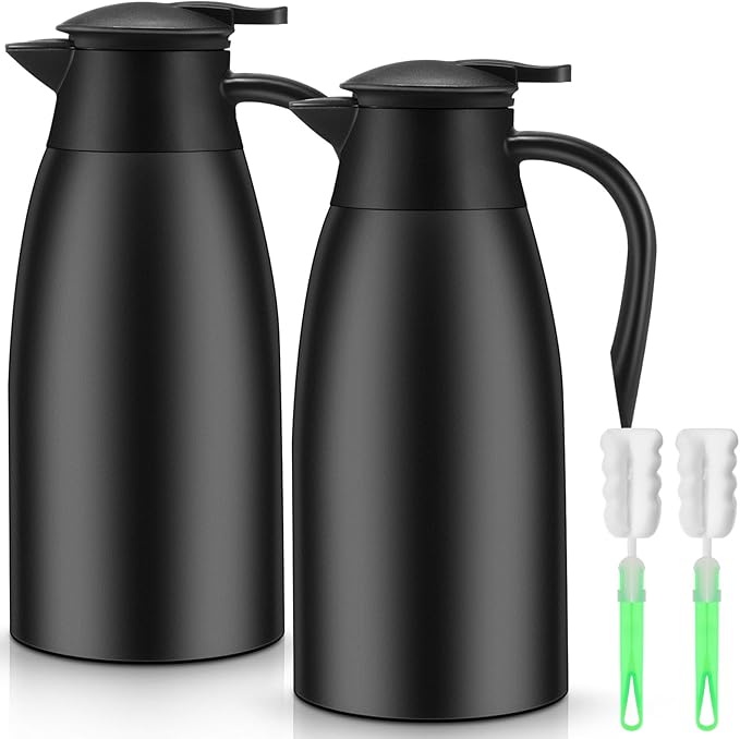 Uiifan 2 Pcs 68oz Thermal Carafe Insulated Stainless Steel Carafe Double Walled Vacuum Flask with Brushes for Keeping Coffee Tea for 12 Hours (Black)