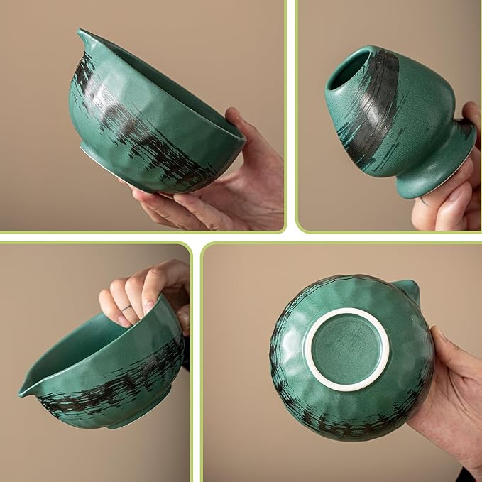 Clay&Fire Matcha Whisk Set，9 Pcs Ceramic Matcha Set, 15 OZ Matcha Bowl with Spout and Whisk，Matcha Kit for Friend, Ideal Gift for Matcha Lover（Dark Green）