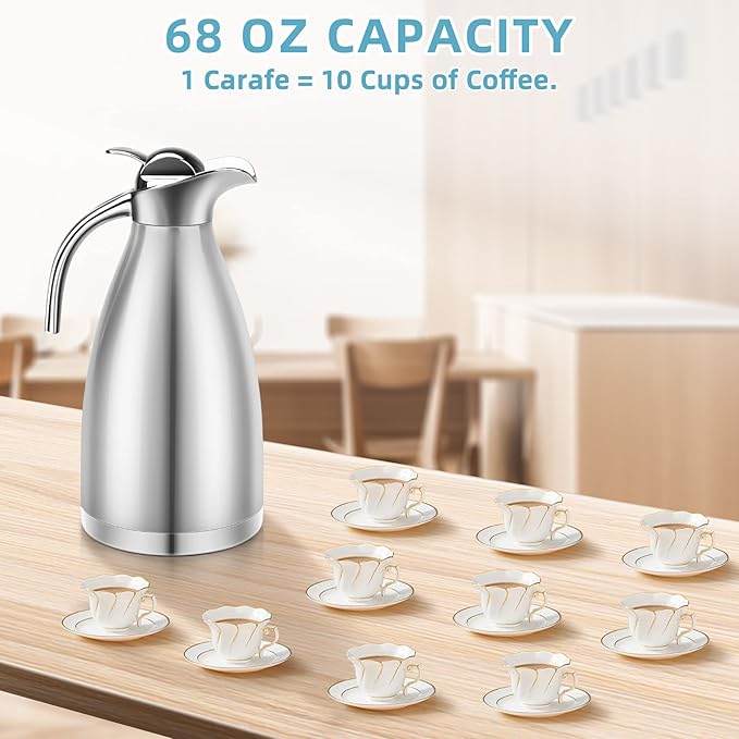 70oz Thermal Coffee Carafe Insulated Coffee Thermos Urn, Stainless Steel Coffee Carafes For Keeping Hot, Double Walled Insulated Vacuum Flask Pot, Tea Water Coffee Hot Beverage Airpot Dispenser